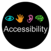 Global accessibility logo. Blue eye, orange hand, pink ear, green brain.